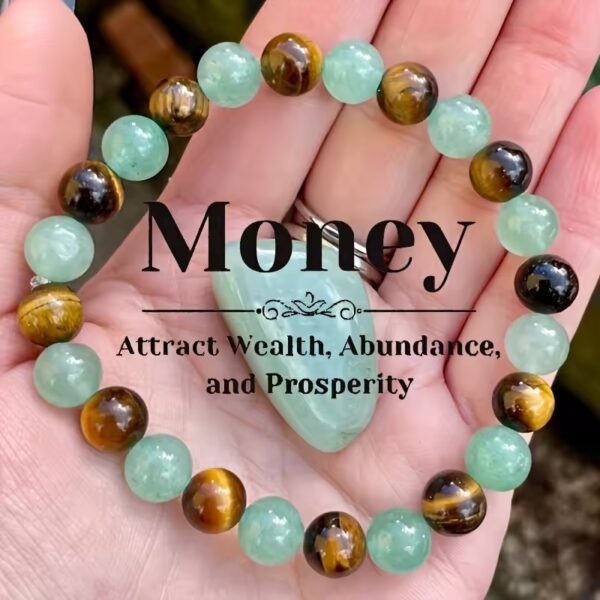 Money Abundance Prosperity Bracelet - Green Aventurine & Tiger Eye Stone Healing Stretch Bracelet - Image 2